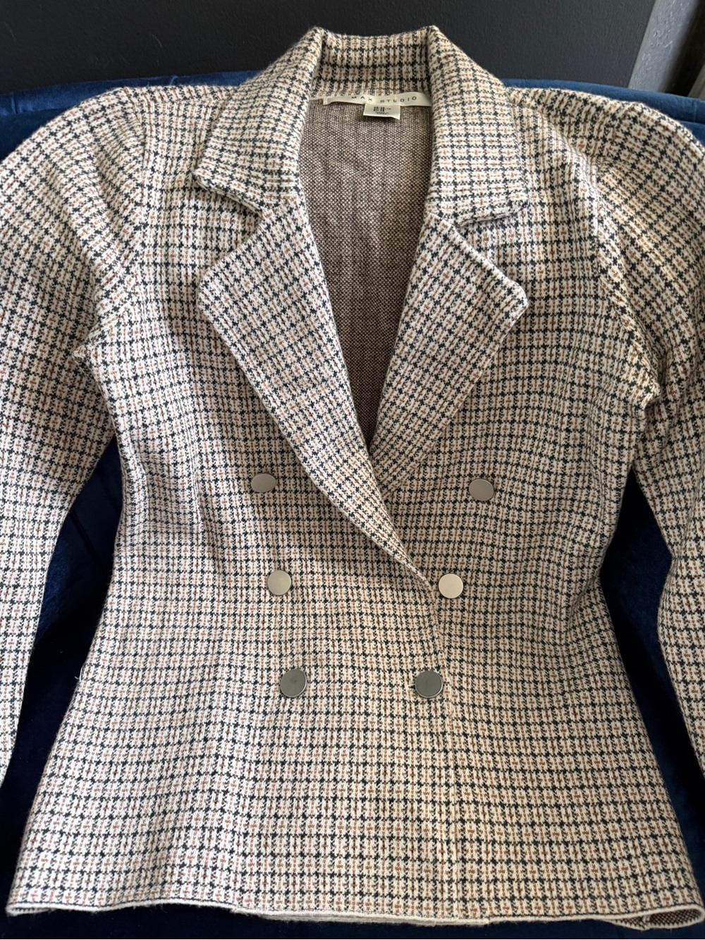 Max Studio Beige and Black Double-Breasted Tweed Blazer